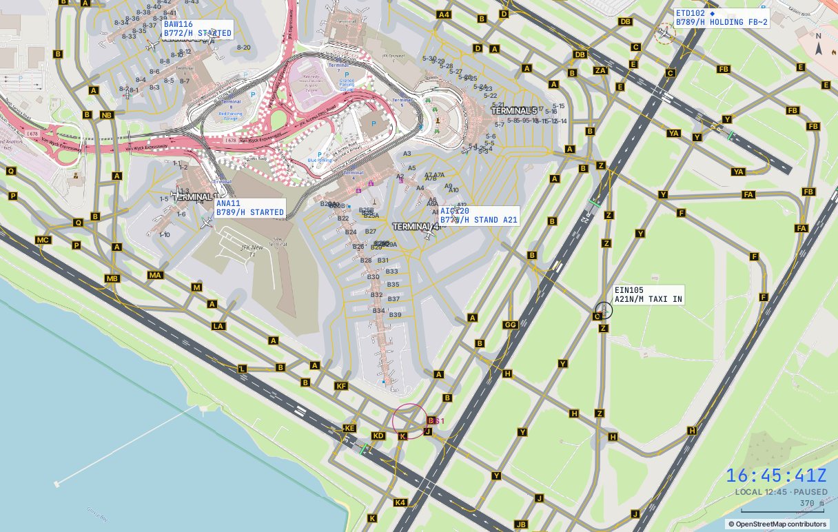 Close-up of the JFK terminals with every stand, taxiway and holding point labelled