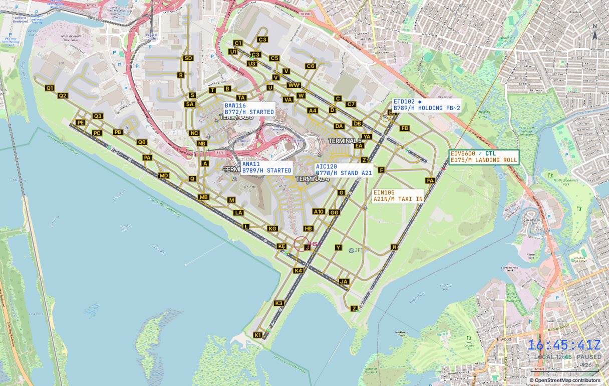 JFK's four runways and taxiways drawn over the street map, with departures pushing back and an arrival taxiing in
